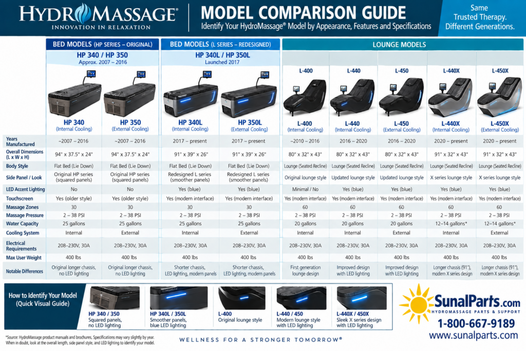 Used HydroMassage model comparison showing HP 340, HP 350, 340L, 350L, 440, 450, 440X and 450X differences, years, body styles, dimensions, LED lighting, massage zones and cooling systems.